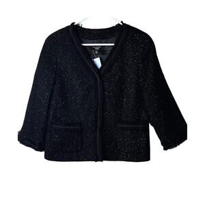 Talbots Grace Fit Cardigan Size 10P Black Silver Wool Lined Ruffled Trim NWT